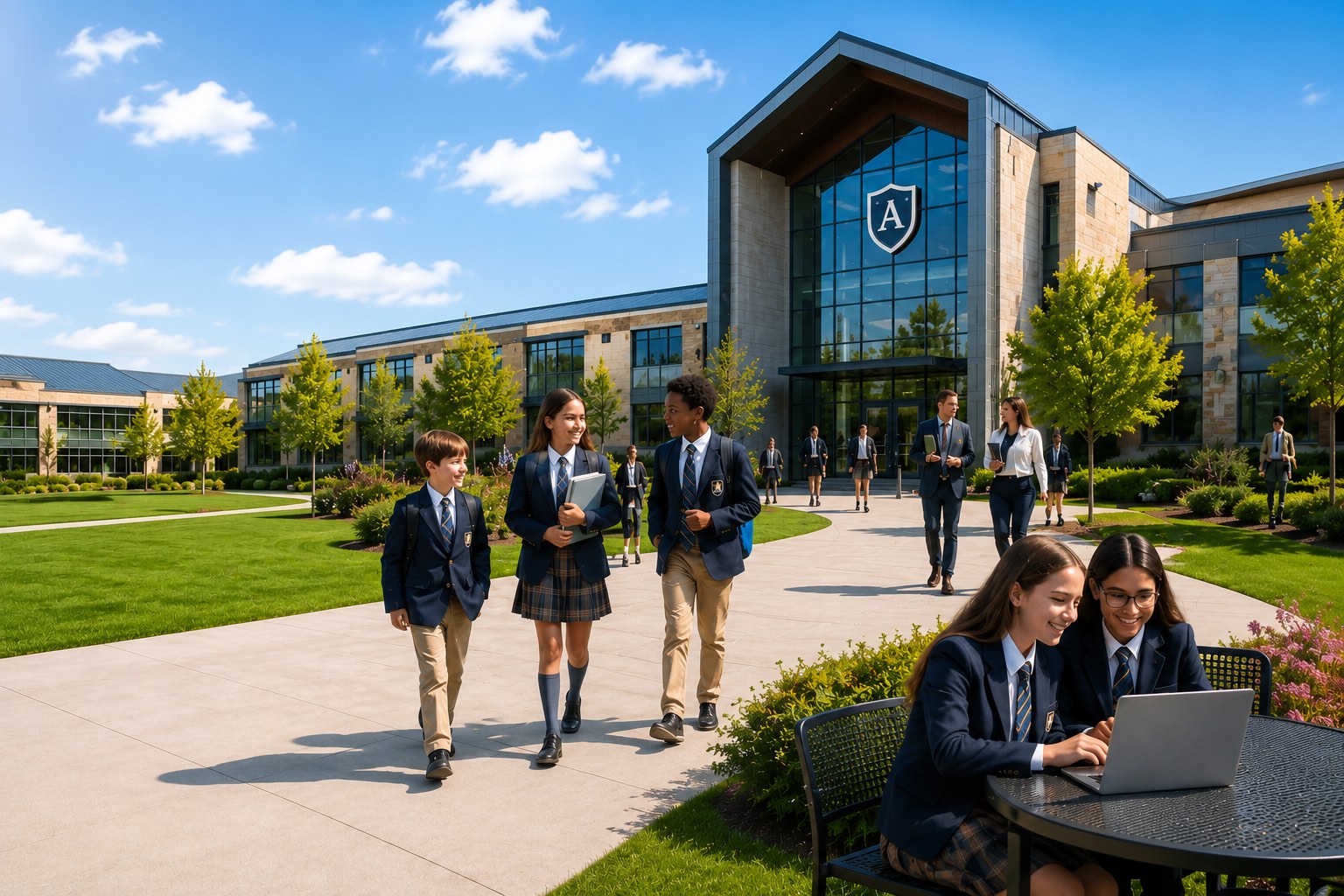 Students, parents, and teachers at a modern independent school campus entrance