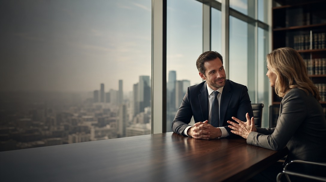 Attorney meeting with a client in a modern law office with a city skyline view