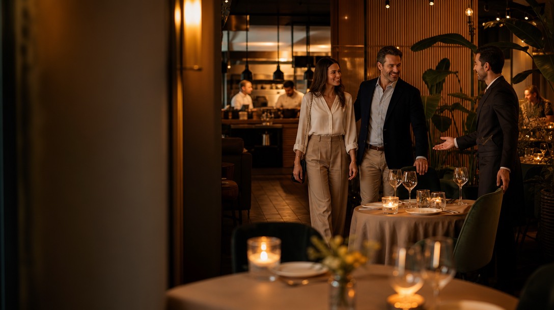 Host warmly seating smiling guests at a table in an upscale modern restaurant